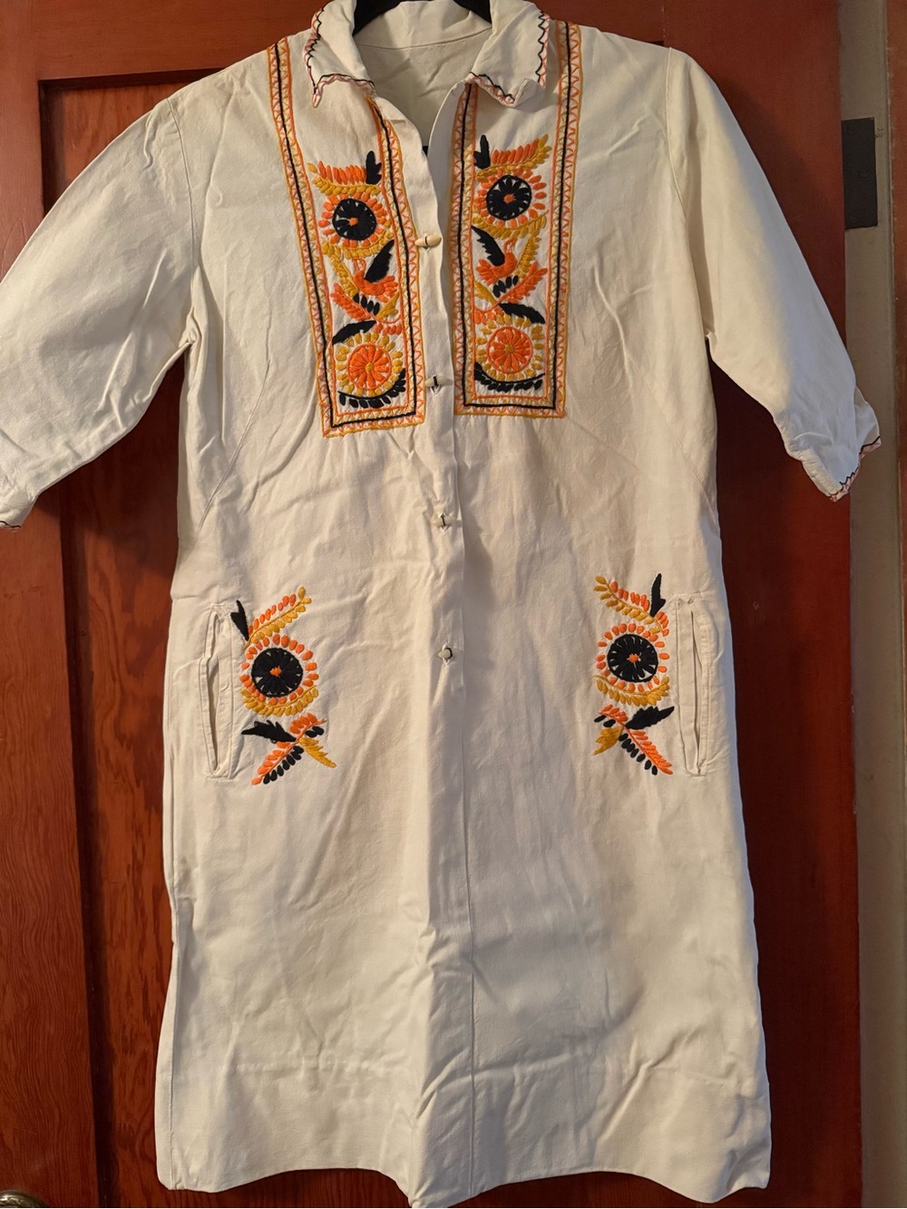 Vintage Embroidered Cream Women’s Dress with Orange Floral Accents